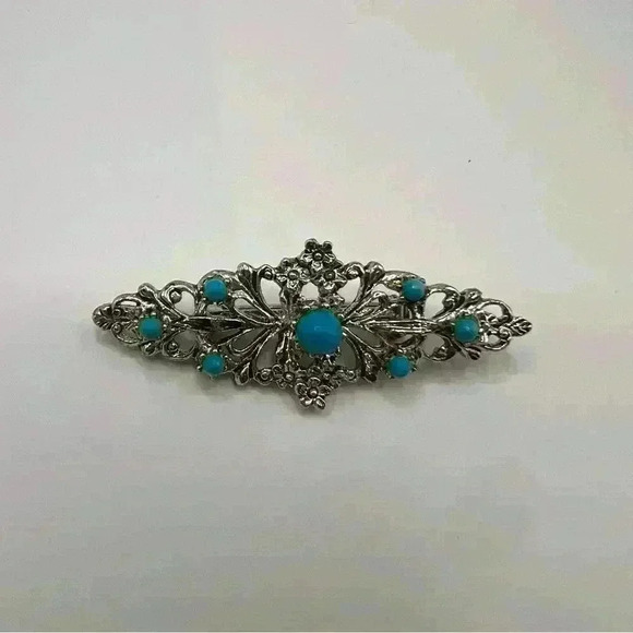 Gerry's Vintage Turquoise Round Silver Tone Flower Ornate Filigree Brooch Pin - Picture 1 of 5